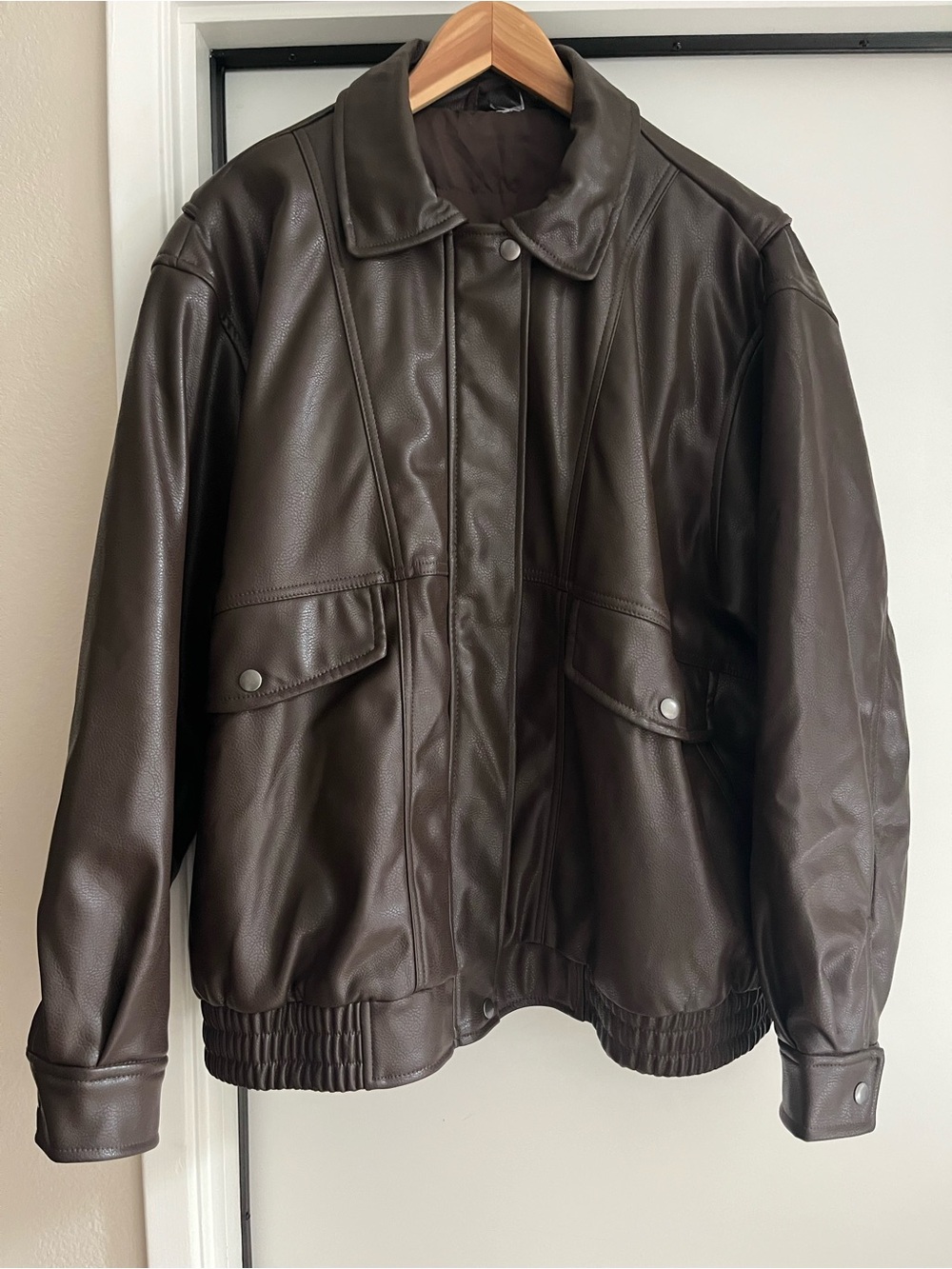 Dark Brown Vegan Leather Jacket - Classic Women's Oversized Bomber